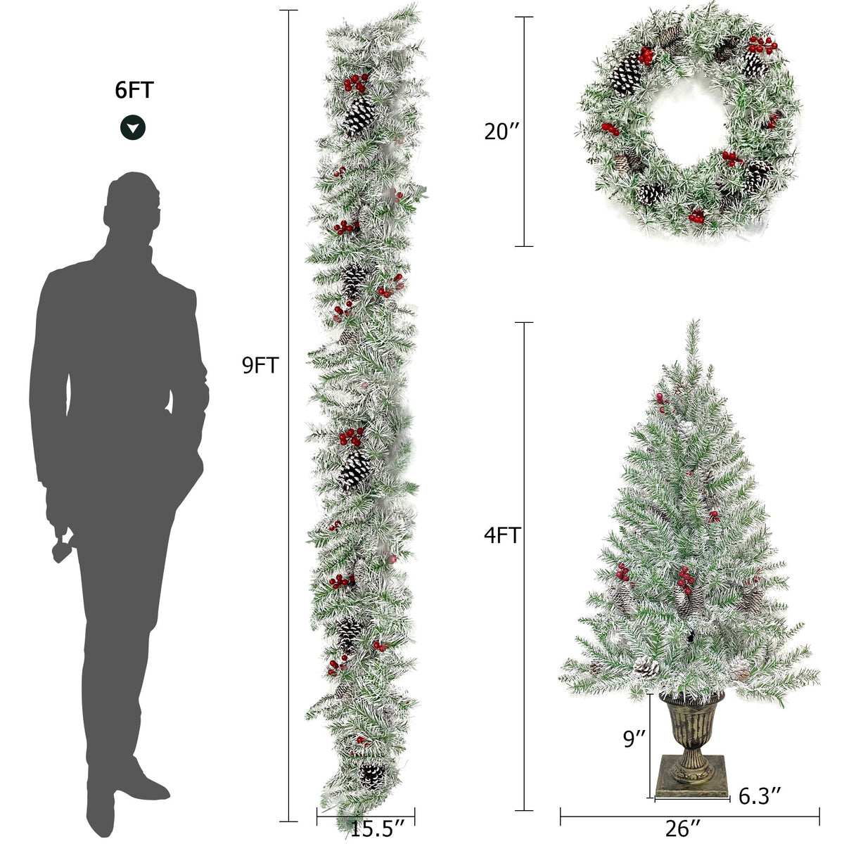 4-Piece Pre-Lit Christmas Décor Set with Wreath, Garland & Two Trees