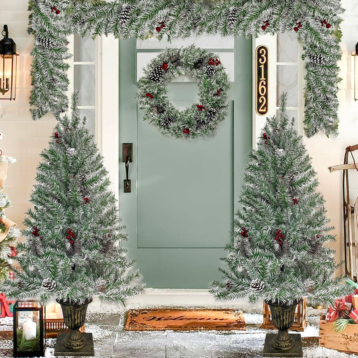 4-Piece Pre-Lit Christmas Décor Set with Wreath, Garland & Two Trees