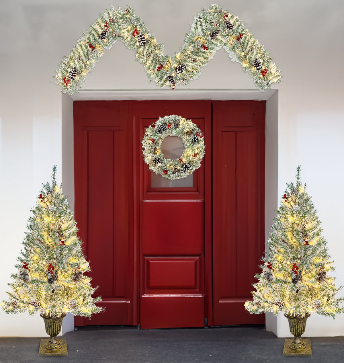 4-Piece Pre-Lit Christmas Décor Set with Wreath, Garland & Two Trees