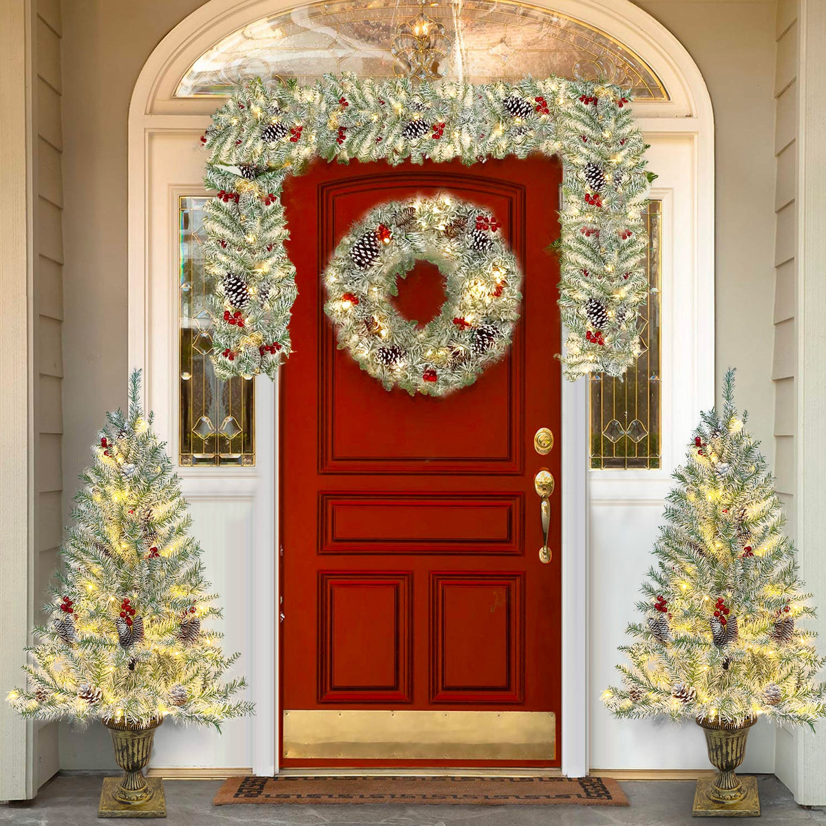 4-Piece Pre-Lit Christmas Décor Set with Wreath, Garland & Two Trees