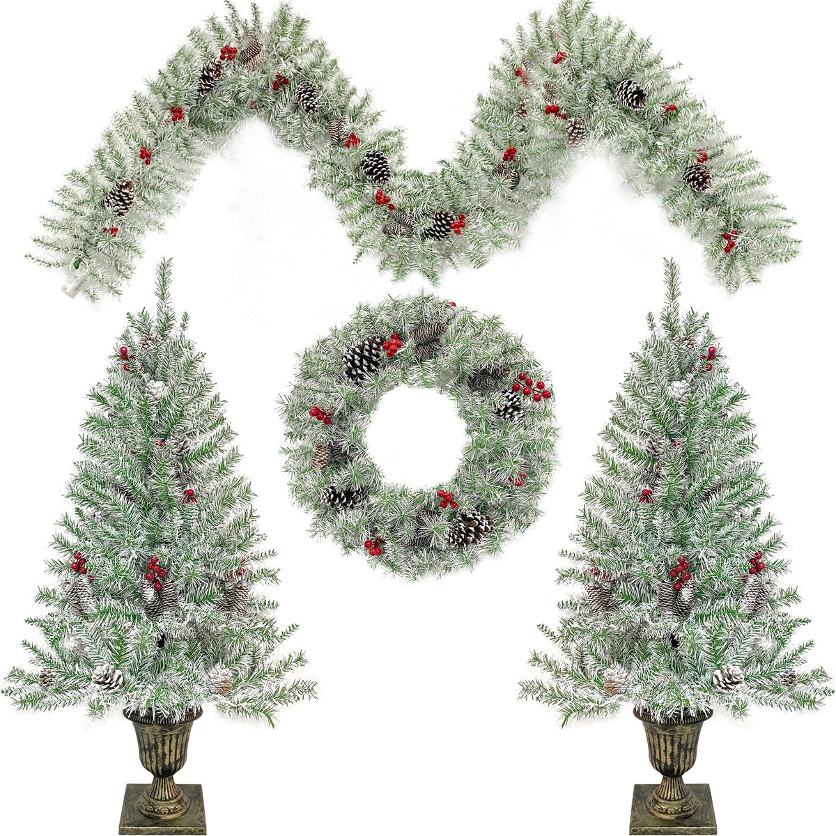 4-Piece Pre-Lit Christmas Décor Set with Wreath, Garland & Two Trees