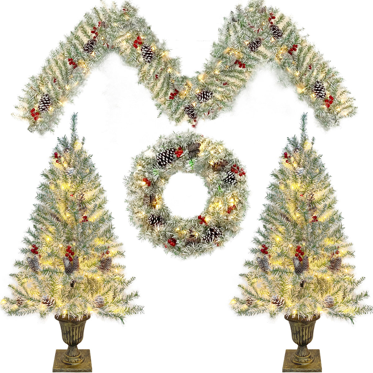 4-Piece Pre-Lit Christmas Décor Set with Wreath, Garland & Two Trees